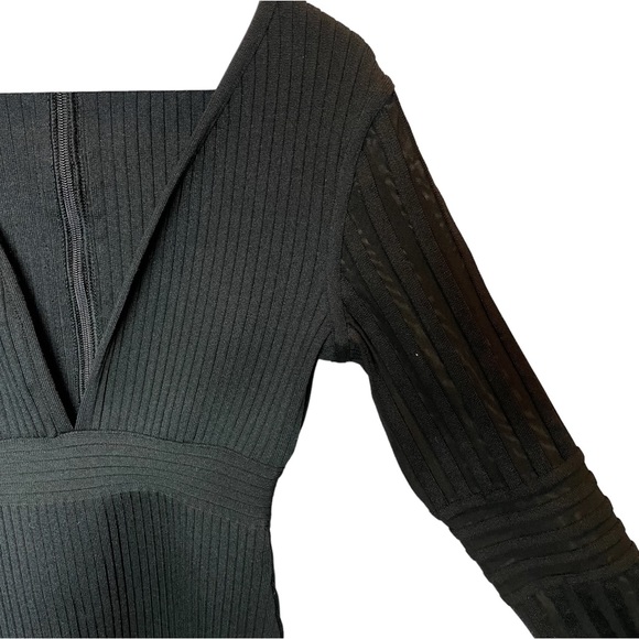 F&P Black Ribbed Dress with Plunging Neckline and Sheer Ribbed Sleeves - Picture 3 of 10